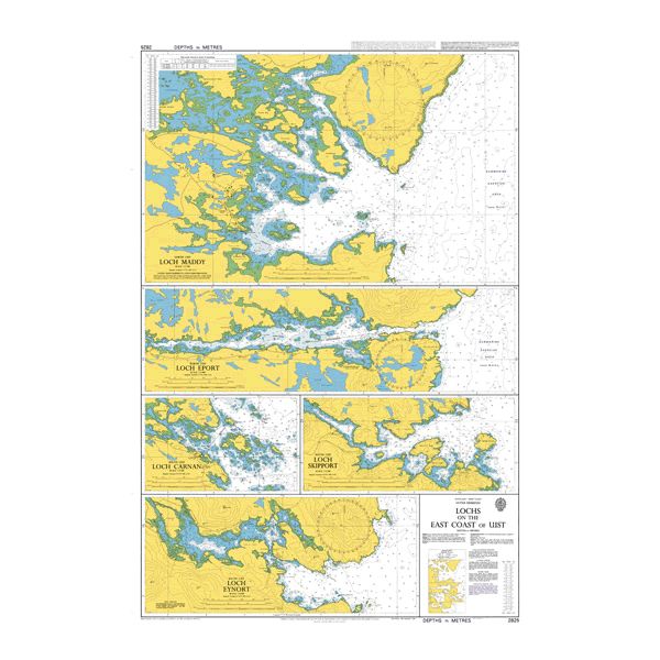 Product image of Admiralty Chart 2825 | Lochs on the East Coast of Uist, featuring navigational markings, depth soundings, and coastal features, essential for safe marine navigation. It could be displayed as an art piece or used for navigation on a boat or ship.