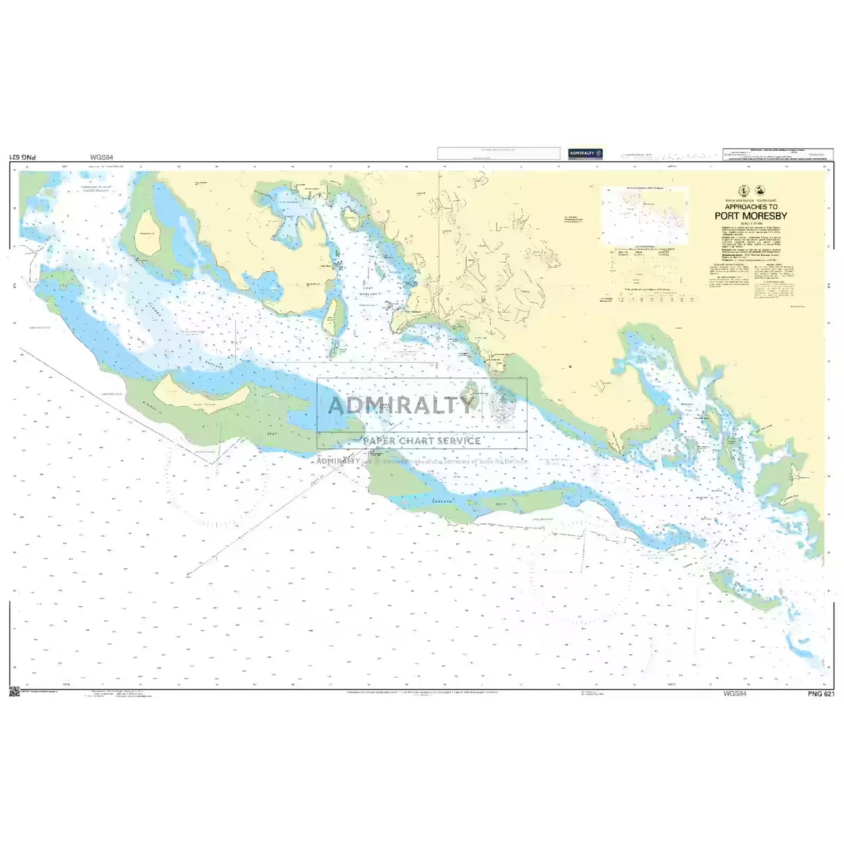 Product image of Admiralty Chart PNG621 | Approaches to Port Moresby, featuring navigational markings, depth soundings, and coastal features, essential for safe marine navigation. It could be displayed as an art piece or used for navigation on a boat or ship.