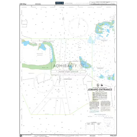 Product image of Admiralty Chart PNG627 | Jomard Entrance, featuring navigational markings, depth soundings, and coastal features, essential for safe marine navigation. It could be displayed as an art piece or used for navigation on a boat or ship.