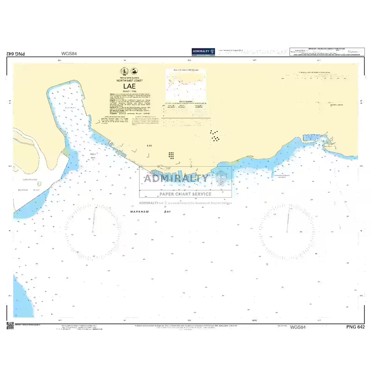 Product image of Admiralty Chart PNG642 | Lae, featuring navigational markings, depth soundings, and coastal features, essential for safe marine navigation. It could be displayed as an art piece or used for navigation on a boat or ship.