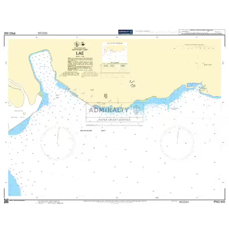 Product image of Admiralty Chart PNG642 | Lae, featuring navigational markings, depth soundings, and coastal features, essential for safe marine navigation. It could be displayed as an art piece or used for navigation on a boat or ship.