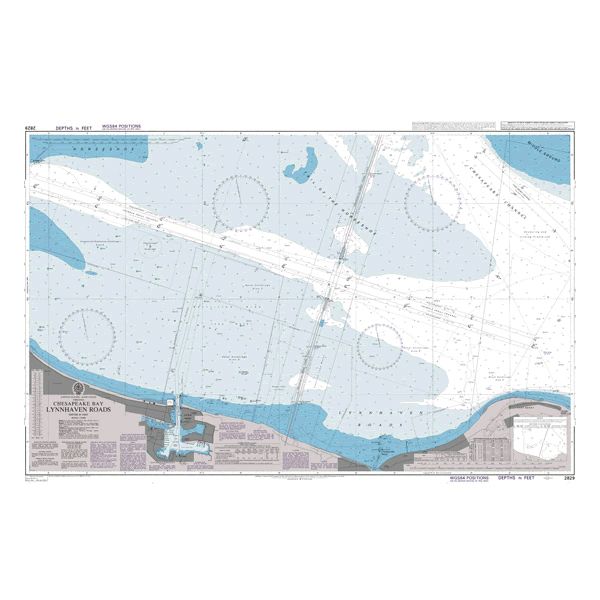 Product image of Admiralty Chart 2829 | Chesapeake Bay Lynnhaven Roads, featuring navigational markings, depth soundings, and coastal features, essential for safe marine navigation. It could be displayed as an art piece or used for navigation on a boat or ship.