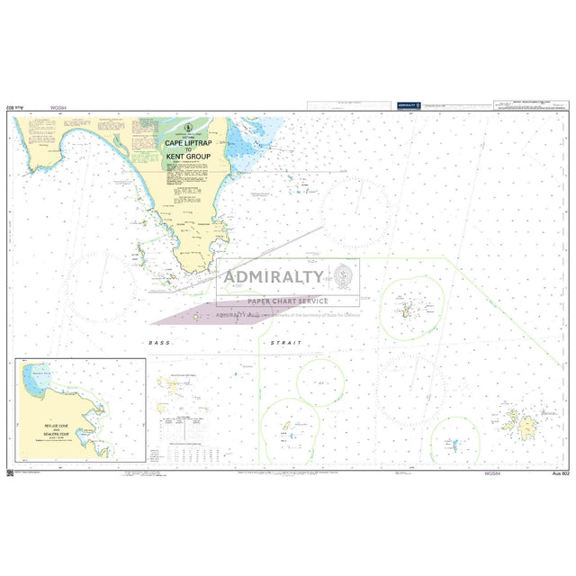 Admiralty Chart AUS802: Cape Liptrap to Kent Group by Admiralty provides a detailed nautical map of southeastern Australia, featuring coastal outlines, islands, depths, navigational aids, and labeled inset maps.
