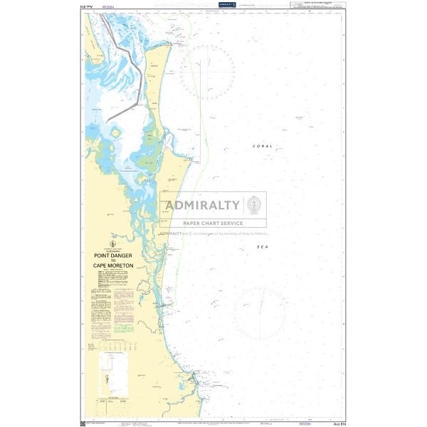 Admiralty Chart AUS814: Point Danger to Cape Moreton by Admiralty displays Australia's coastline and waters between these points, including depth markings, navigation routes, and labeled land/sea features.