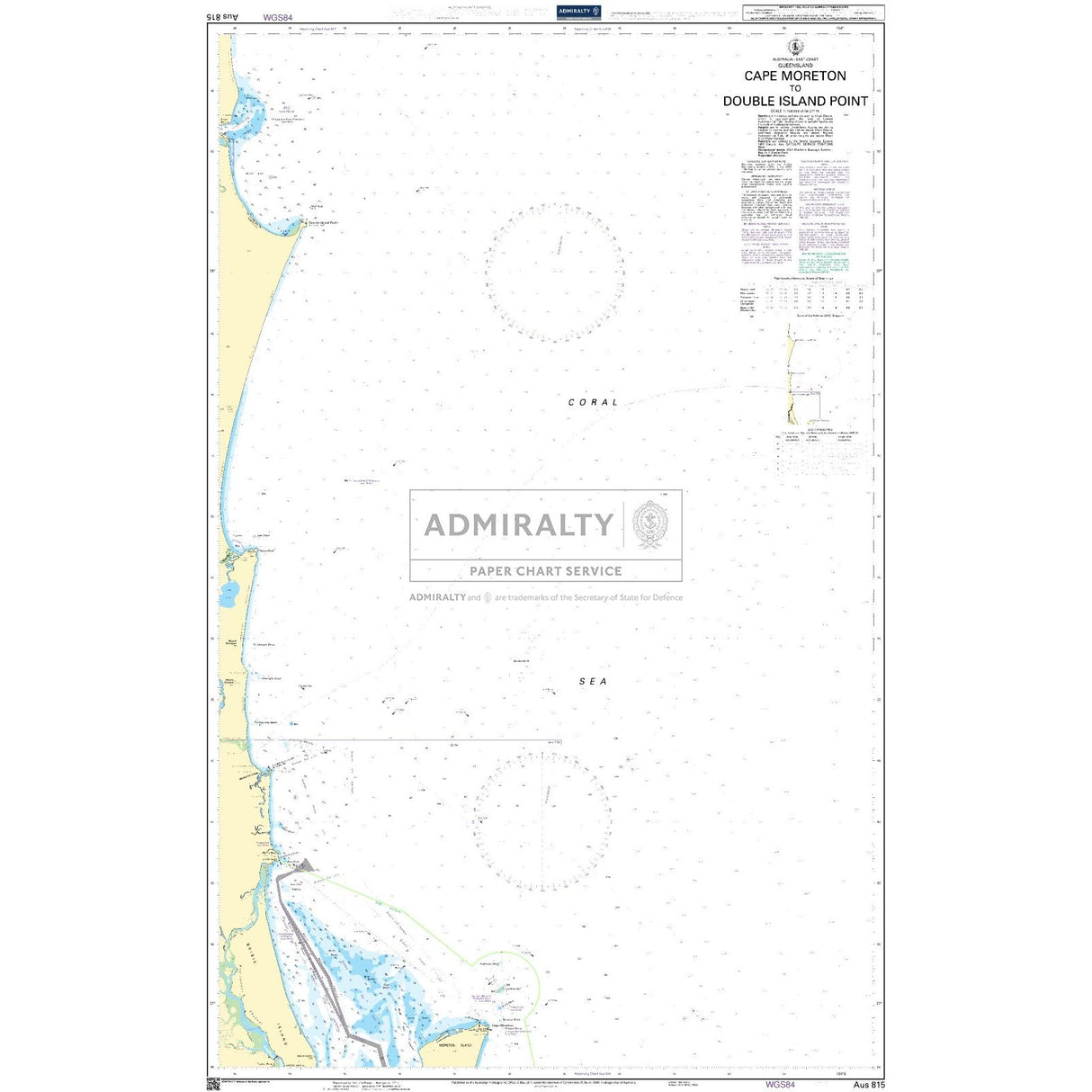 Admiralty Chart AUS815: Cape Moreton to Double Island Point shows coastline, sea depths, navigational markers, and coastal details. Land is yellow; maritime features follow Admiralty standards. Centered Admiralty branding.