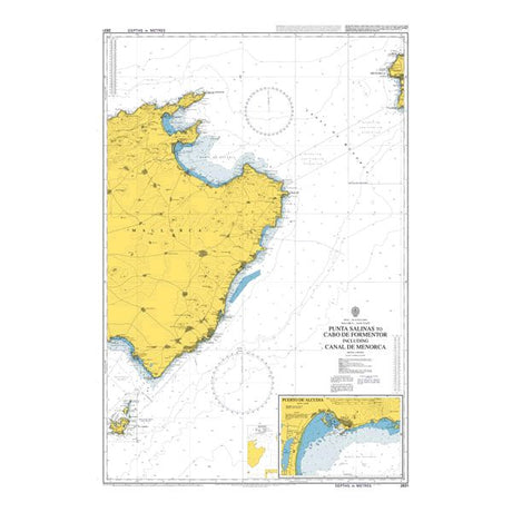 Product image of Admiralty Chart 2831 | Punta Salinas to Cabo de Formentor including Canal de Menorca, featuring navigational markings, depth soundings, and coastal features, essential for safe marine navigation. It could be displayed as an art piece or used for navigation on a boat or ship.