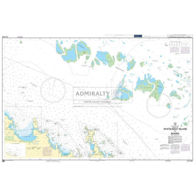 Admiralty Chart AUS825: Whitsunday Island to Bowen by Admiralty displays islands, coastlines, depths, navigation routes, and Admiralty Standard annotations for maritime navigation in this region.