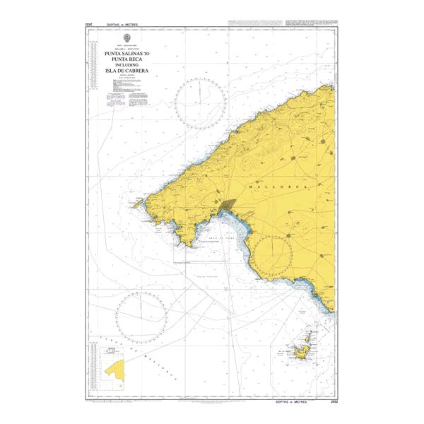 Product image of Admiralty Chart 2832 | Punta Salinas to Punta Beca including Isla de Cabrera, featuring navigational markings, depth soundings, and coastal features, essential for safe marine navigation. It could be displayed as an art piece or used for navigation on a boat or ship.