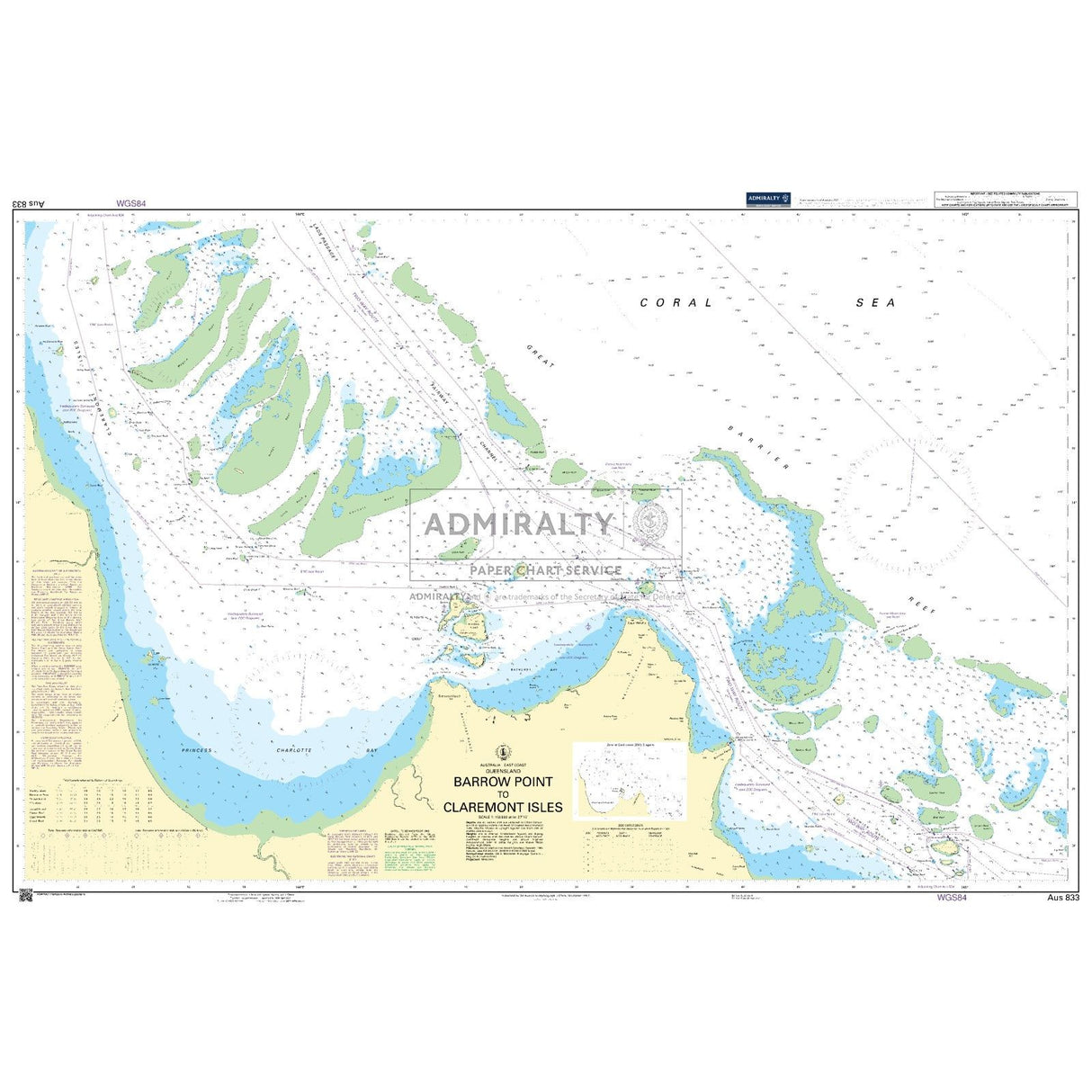 Admiralty Chart AUS833: Barrow Point to Claremont Isles by Admiralty shows coastal features, depths, reefs, and navigation marks in the Coral Sea. Produced to Admiralty Standard with symbols, scale, and notes.