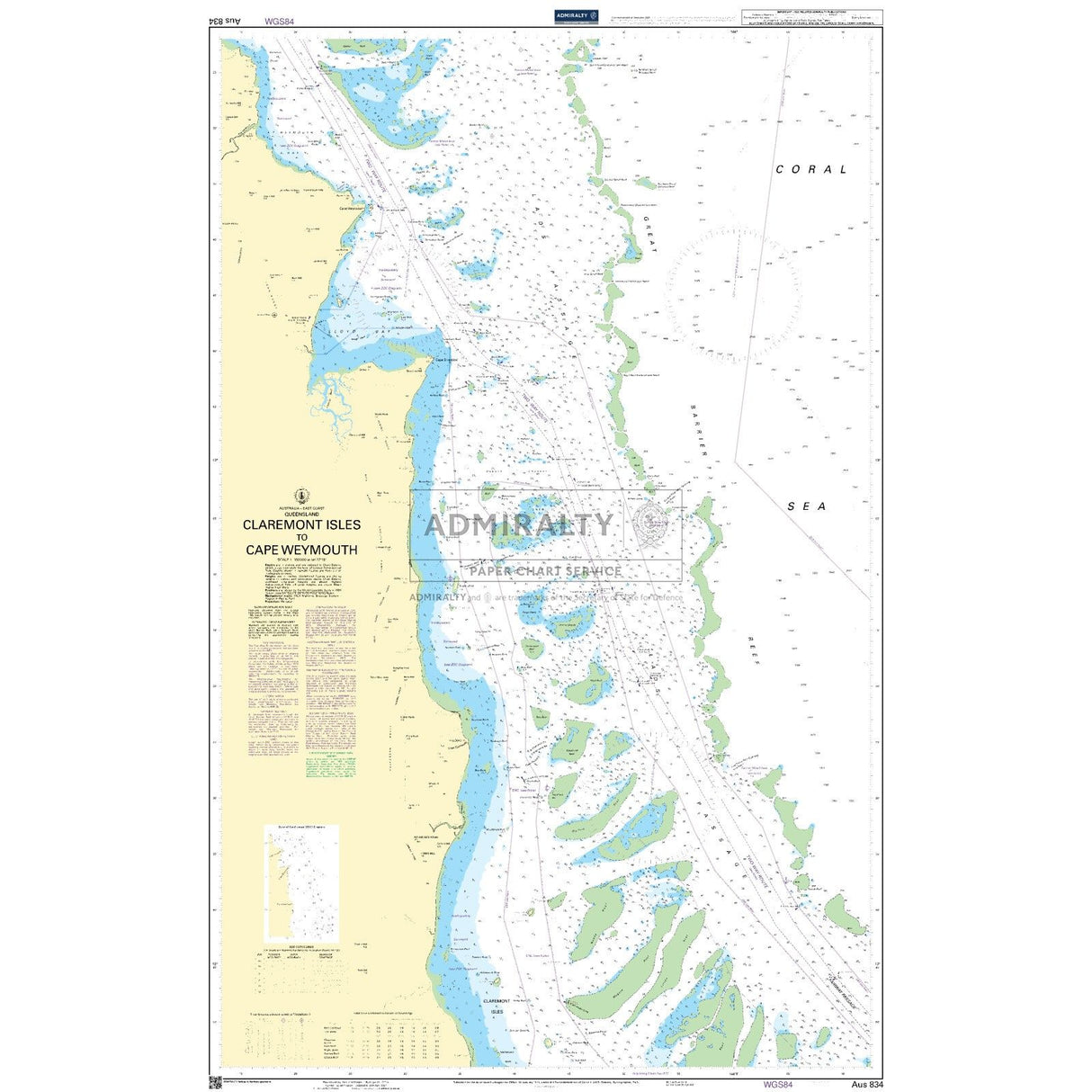 Admiralty Chart AUS834: Claremont Isles to Cape Weymouth by Admiralty details coastal outlines, depths, islands, reefs, navigation routes, and maritime hazards for this Australia region.