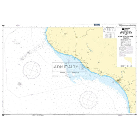 Admiralty Chart NZ45: Cape Egmont to Rangitikei River by Admiralty displays New Zealand’s western coast with coastal outlines, depth markings, and navigational symbols, produced by the United Kingdom Hydrographic Office.