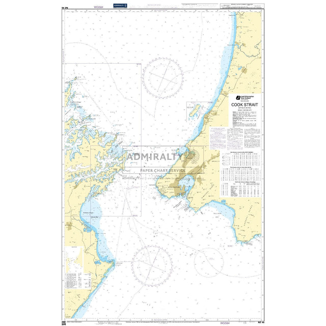 Admiralty Chart NZ46: Cook Strait by Admiralty details coastal outlines, depths, navigational aids, key North and South Island sites, tidal data, and compass roses—ideal for accurate maritime navigation in New Zealand’s Cook Strait.