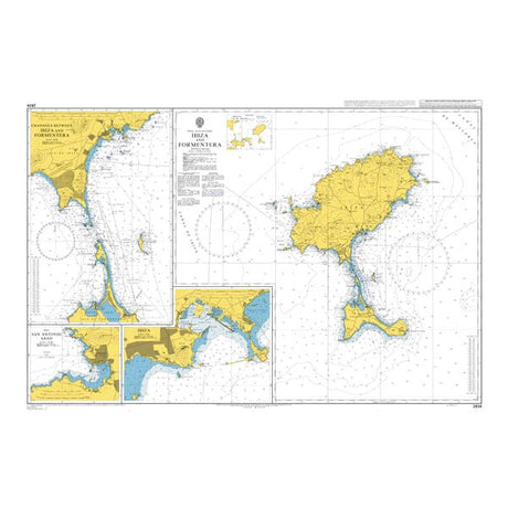 Product image of Admiralty Chart 2834 | Ibiza and Formentera, featuring navigational markings, depth soundings, and coastal features, essential for safe marine navigation. It could be displayed as an art piece or used for navigation on a boat or ship.