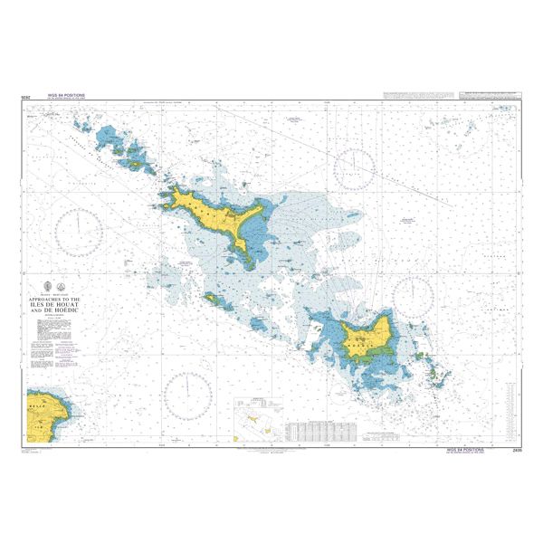 Product image of Admiralty Chart 2835 | Approaches to the Iles de Houat and de Hoedic, featuring navigational markings, depth soundings, and coastal features, essential for safe marine navigation. It could be displayed as an art piece or used for navigation on a boat or ship.