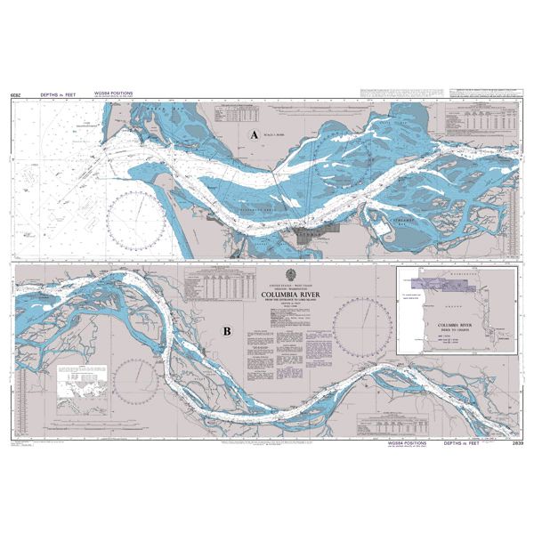 Product image of Admiralty Chart 2839 | Columbia River from the Entrance to Lord Island, featuring navigational markings, depth soundings, and coastal features, essential for safe marine navigation. It could be displayed as an art piece or used for navigation on a boat or ship.