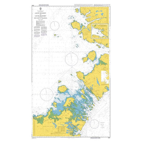 Product image of Admiralty Chart 2841 | Loch Maddy to Loch Resort, featuring navigational markings, depth soundings, and coastal features, essential for safe marine navigation. It could be displayed as an art piece or used for navigation on a boat or ship.