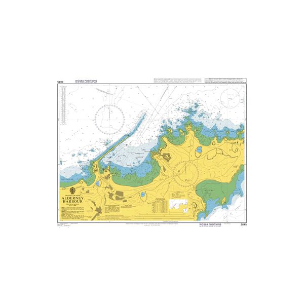 Product image of Admiralty Chart 2845 | Alderney Harbour, featuring navigational markings, depth soundings, and coastal features, essential for safe marine navigation. It could be displayed as an art piece or used for navigation on a boat or ship.