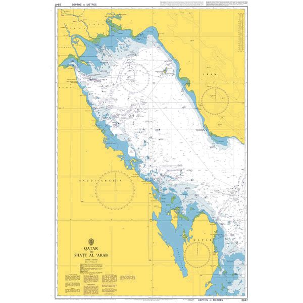 Product image of Admiralty Chart 2847 | Qatar to Shatt al `Arab, featuring navigational markings, depth soundings, and coastal features, essential for safe marine navigation. It could be displayed as an art piece or used for navigation on a boat or ship.