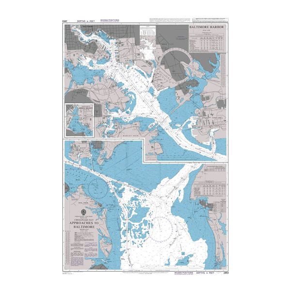 Product image of Admiralty Chart 2850 | Chesapeake Bay Approaches to Baltimore, featuring navigational markings, depth soundings, and coastal features, essential for safe marine navigation. It could be displayed as an art piece or used for navigation on a boat or ship.