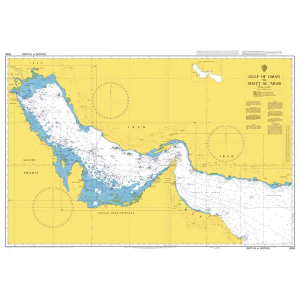 Product image of Admiralty Chart 2858 | Gulf of Oman to Shatt al Arab, featuring navigational markings, depth soundings, and coastal features, essential for safe marine navigation. It could be displayed as an art piece or used for navigation on a boat or ship.