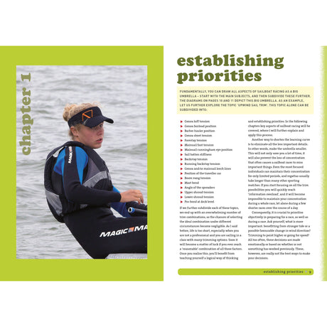 A person wearing sailing gear is positioned on a boat, gazing back with determination. The page, titled "Establishing Priorities," features a checklist of tasks designed for competitive sailing enthusiasts. On the right side, there's a chapter heading and bold green text discussing racing goals from the book "Winning Isn't Luck" by Bloomsbury Publishing.