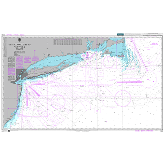 Product image of Admiralty Chart 2860 | Outer Approaches to New York, featuring navigational markings, depth soundings, and coastal features, essential for safe marine navigation. It could be displayed as an art piece or used for navigation on a boat or ship.