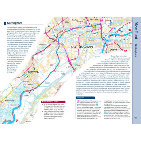 The "Nicholson Waterways Guide 6: Nottingham, York and the North East" by Nicholson offers a detailed map of Nottingham and Beeston, highlighting the River Trent, inland waterways, key roads, paths, landmarks like Attenborough and West Bridgford with navigation notes, marina info, route symbols and text.