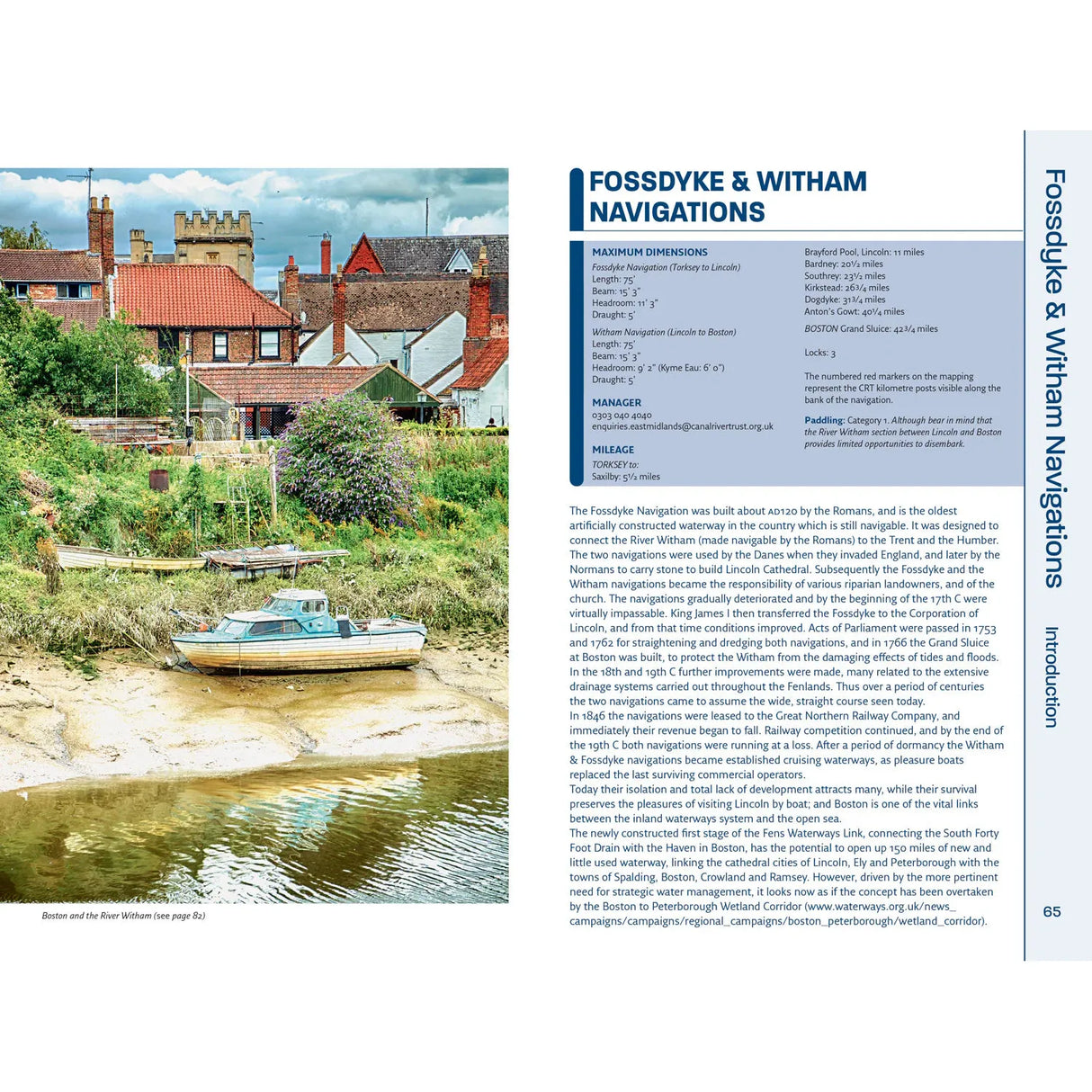 Image of a scenic riverbank with moored boats and quaint houses, similar to those along inland waterways. Right side features text from the Nicholson Waterways Guide 6: Nottingham, York and the North East about Fossdyke & Witham Navigations, detailing navigation dimensions, contacts, and heritage info.