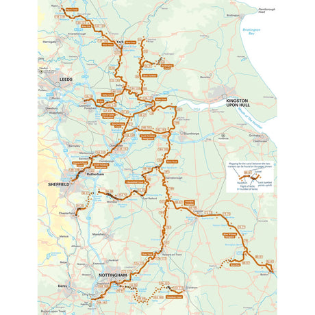 The Nicholson Waterways Guide 6 showcases rail routes and stops between Liverpool, Nottingham, Sheffield, Leeds, and Manchester in Northern England, detailing station names, rivers, waterways, roads, and geographic features. An inset highlights the Pennines with routes extending towards York.