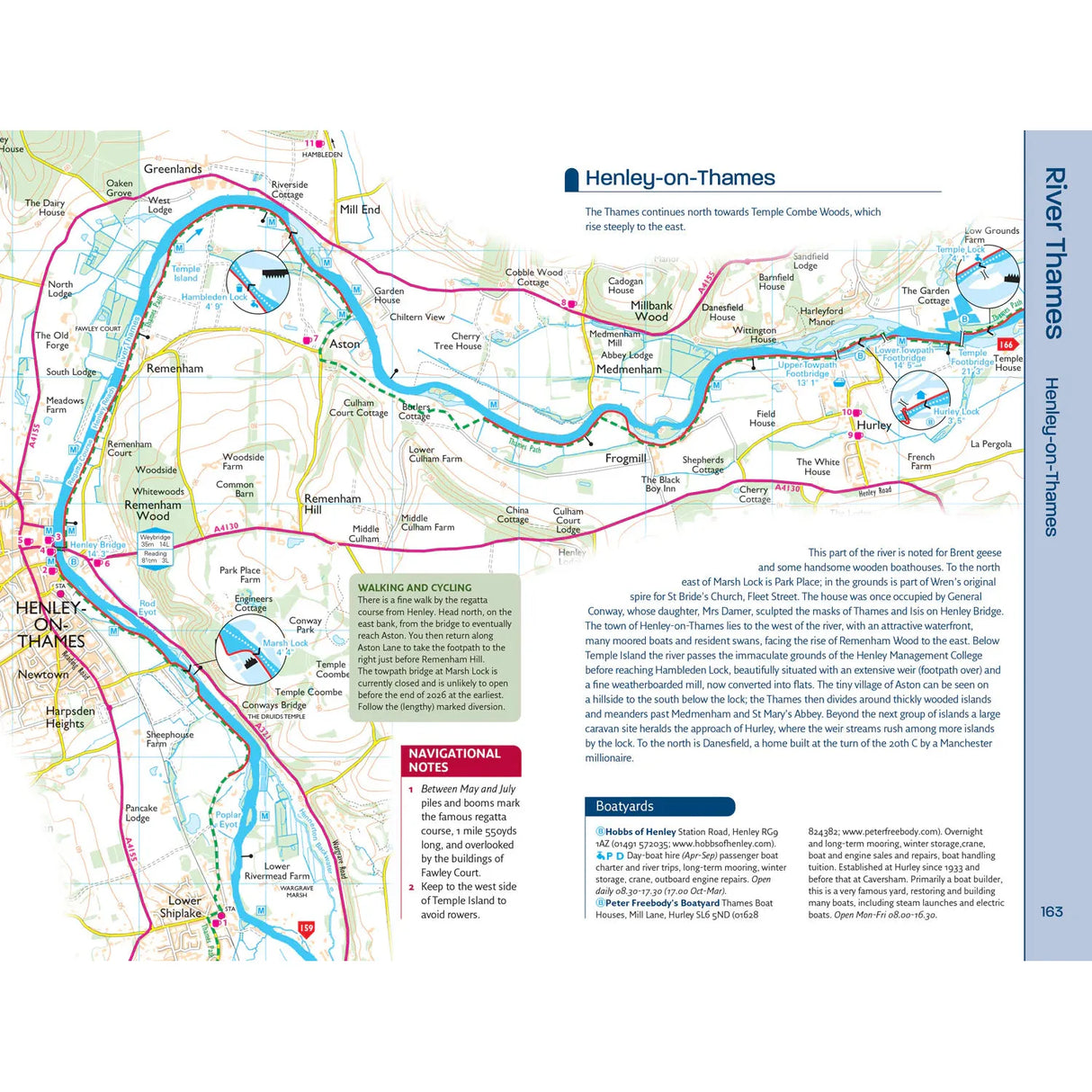 The Nicholson Waterways Guide 7: River Thames and the Southern Waterways highlights walking and cycling routes, detailed paths, roads, boathouses, and navigational notes near Henley-on-Thames. Insets describe these inland waterways' routes and local landmarks.