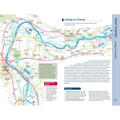 The Nicholson Waterways Guide 7: River Thames and the Southern Waterways highlights walking and cycling routes, detailed paths, roads, boathouses, and navigational notes near Henley-on-Thames. Insets describe these inland waterways' routes and local landmarks.