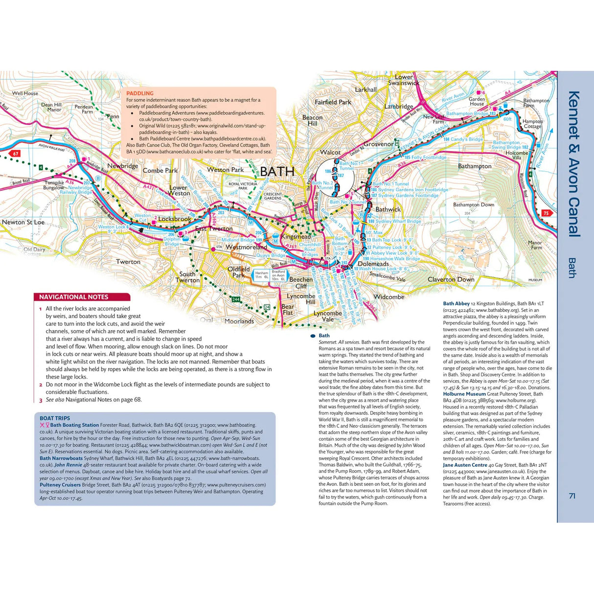 The Nicholson Waterways Guide 7 covers the Kennet & Avon Canal near Bath, featuring Southern Waterways with roads, landmarks, and terrain. It includes navigational notes, paddling guidance, boat trip details, and highlights such as Bath Abbey and locks.