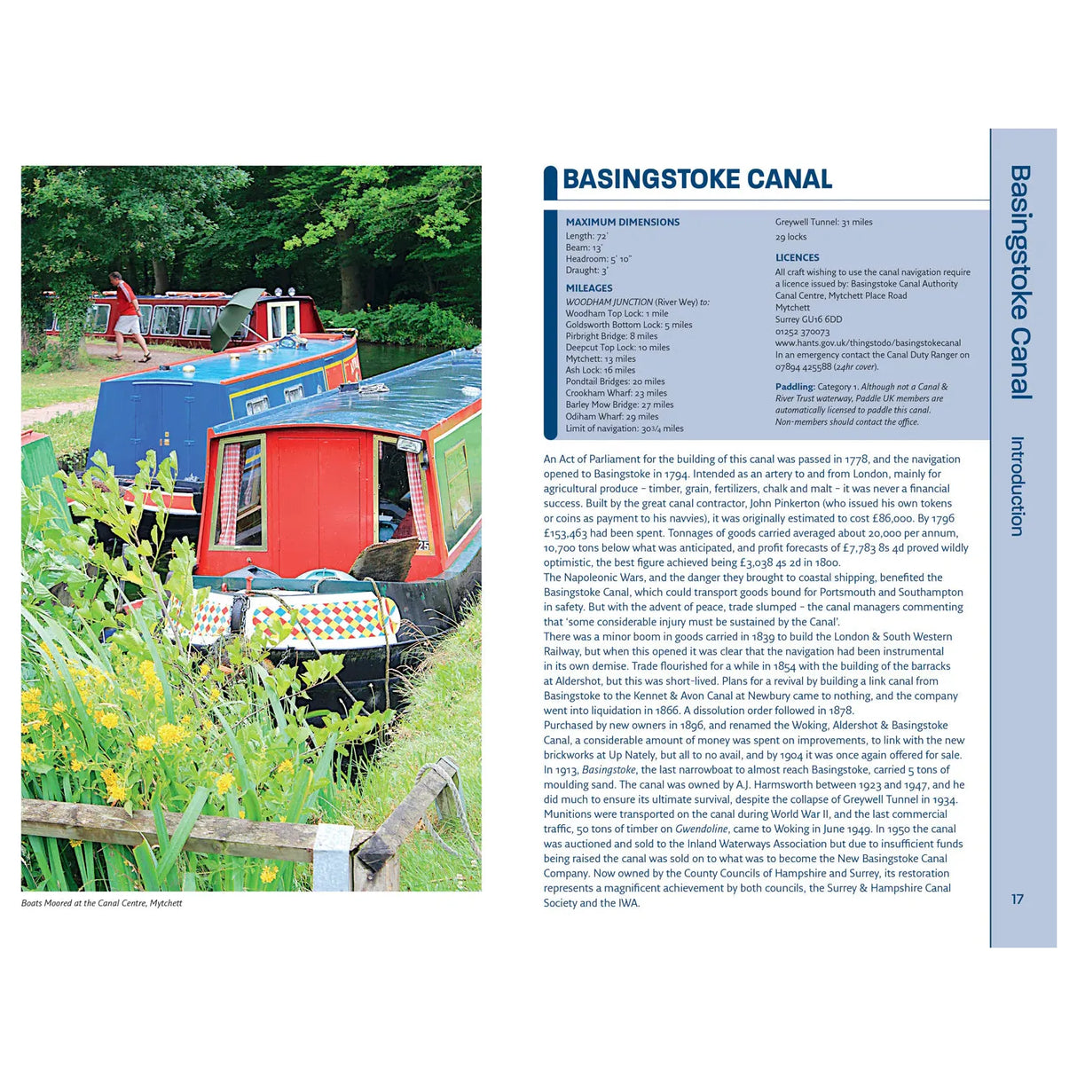 Colorful narrowboats line Basingstoke Canal amid greenery and yellow blooms. The Nicholson Waterways Guide 7: River Thames and the Southern Waterways by Nicholson provides detailed info on canal dimensions, history, and navigation rules.