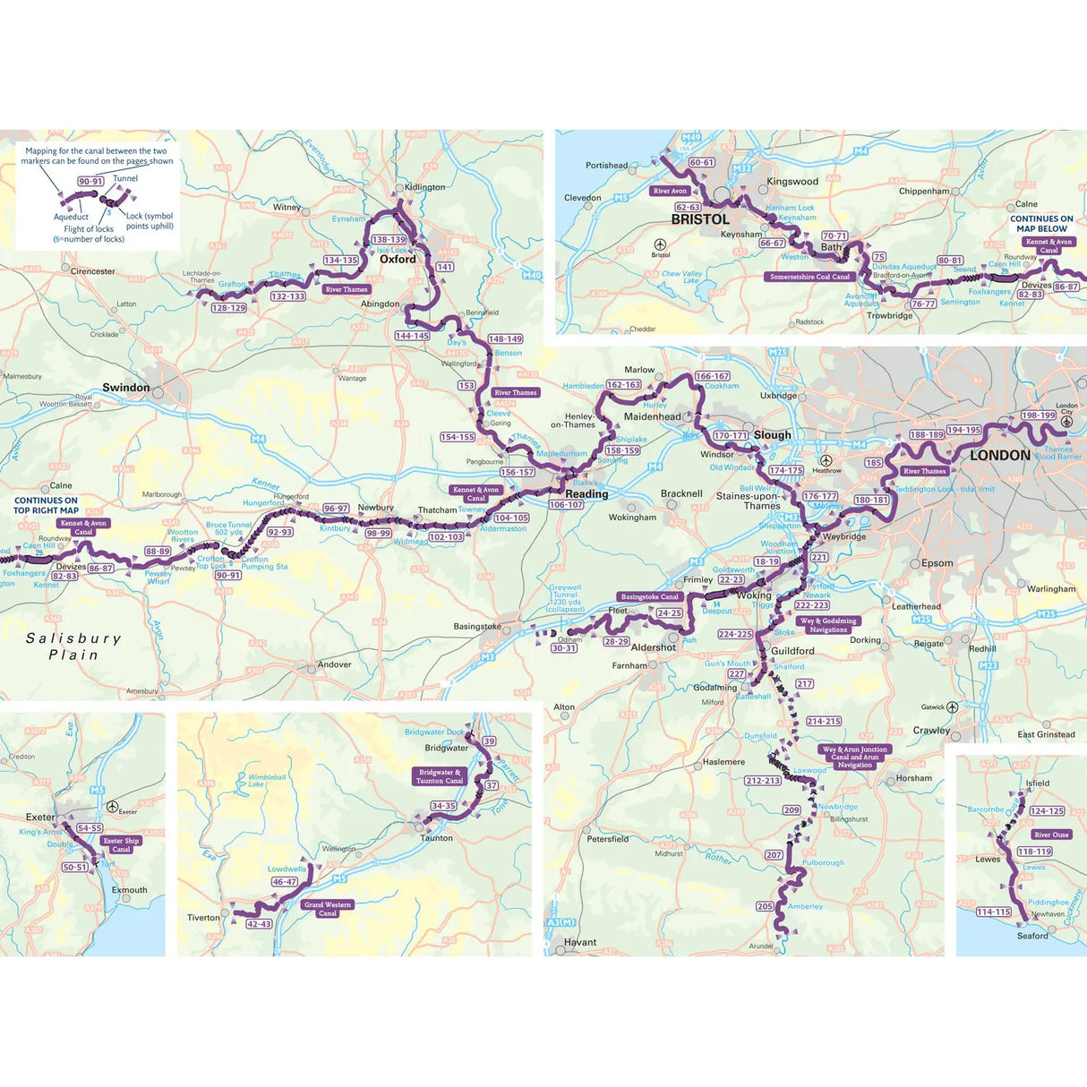 The Nicholson Waterways Guide 7 offers a detailed map highlighting the Great West Way from London to Bristol, covering Reading, Oxford, Bath, and more. It includes road and river routes along the River Thames with city details and explores scenic inland waterways by Southern Waterways.