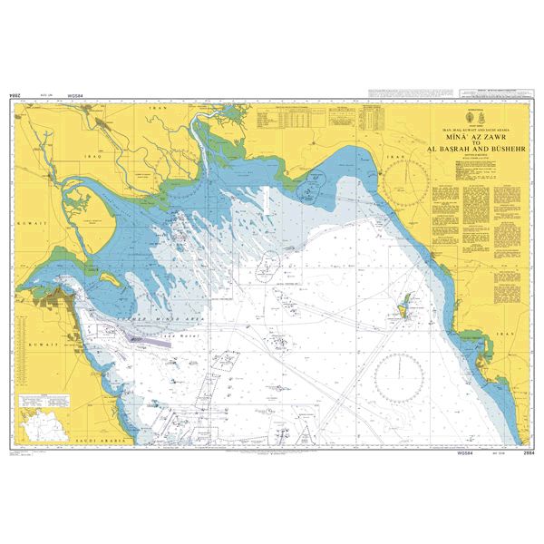 Product image of Admiralty Chart 2884 | Mina' az Zawr to Al Basrah and Bushehr, featuring navigational markings, depth soundings, and coastal features, essential for safe marine navigation. It could be displayed as an art piece or used for navigation on a boat or ship.