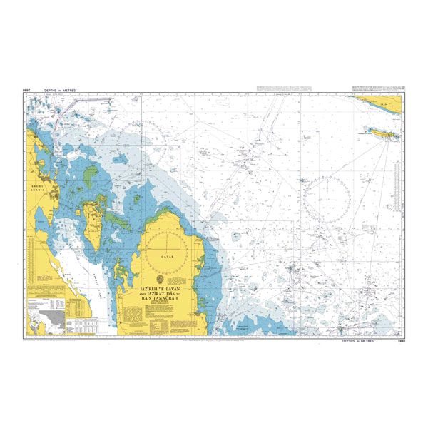 Product image of Admiralty Chart 2886 | Jazireh-ye Lavan and Jazirat Das to Ra's Tannurah, featuring navigational markings, depth soundings, and coastal features, essential for safe marine navigation. It could be displayed as an art piece or used for navigation on a boat or ship.