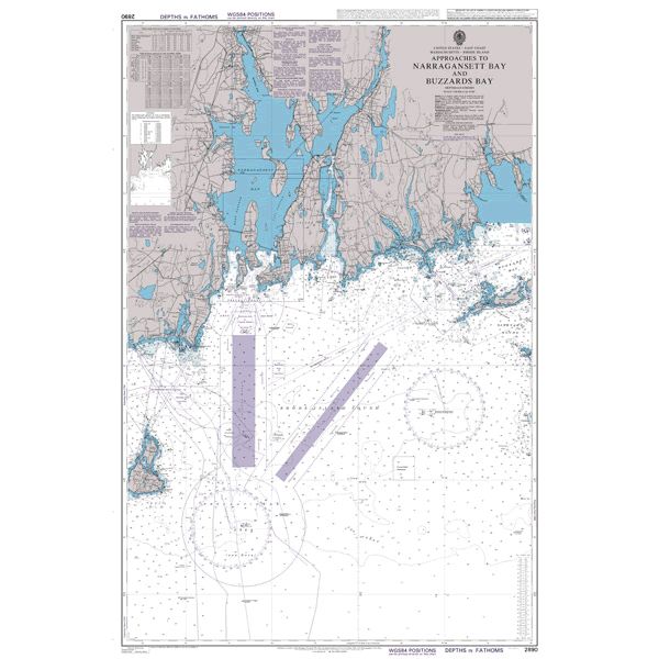 Product image of Admiralty Chart 2890 | Approaches to Narragansett Bay and Buzzards Bay, featuring navigational markings, depth soundings, and coastal features, essential for safe marine navigation. It could be displayed as an art piece or used for navigation on a boat or ship.