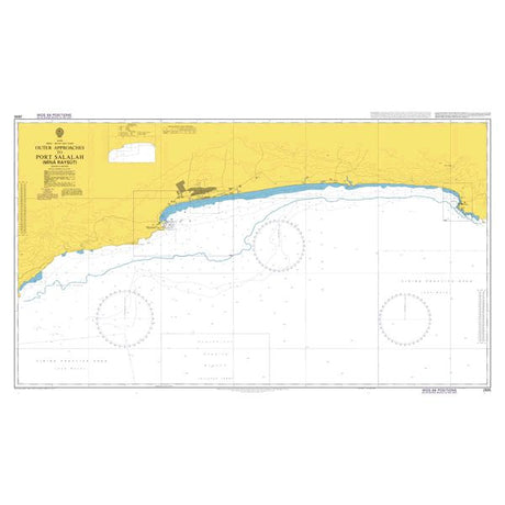 Product image of Admiralty Chart 2895 | Outer Approaches to Mina' Salalah, featuring navigational markings, depth soundings, and coastal features, essential for safe marine navigation. It could be displayed as an art piece or used for navigation on a boat or ship.