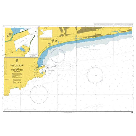 Product image of Admiralty Chart 2896 | Mina' Salalah and Approaches, featuring navigational markings, depth soundings, and coastal features, essential for safe marine navigation. It could be displayed as an art piece or used for navigation on a boat or ship.