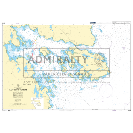 Product image of Admiralty Chart 2905 | East Loch Tarbert, featuring navigational markings, depth soundings, and coastal features, essential for safe marine navigation. It could be displayed as an art piece or used for navigation on a boat or ship.