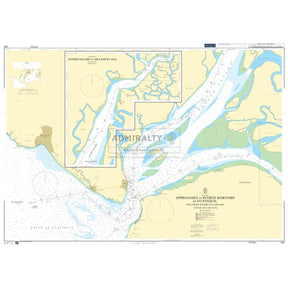 Admiralty Chart 509 details the approaches to Puerto Marítimo de Guayaquil, including Estero Salado and Canal de Cascajal, with labeled waterways, depths, land areas, navigation aids, and inset maps. Brand: Admiralty.