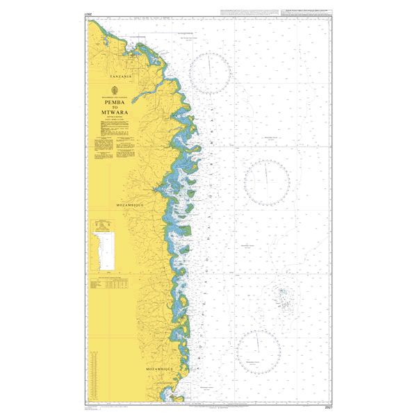 Product image of Admiralty Chart 2927 | Pemba to Mtwara, featuring navigational markings, depth soundings, and coastal features, essential for safe marine navigation. It could be displayed as an art piece or used for navigation on a boat or ship.