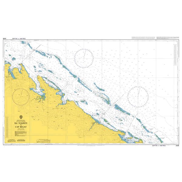 Product image of Admiralty Chart 2928 | Ile Toupeti to Cap Begat, featuring navigational markings, depth soundings, and coastal features, essential for safe marine navigation. It could be displayed as an art piece or used for navigation on a boat or ship.