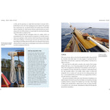 The left page of "Hand, Reef and Steer" by Adlard Coles covers friction and traditional sailing skills with a vertical image of coiled ropes on a classic boat. The right page focuses on leads, featuring a photo of the gaff-rigged boat's deck and mast from the bow, surrounded by calm waters and trees.