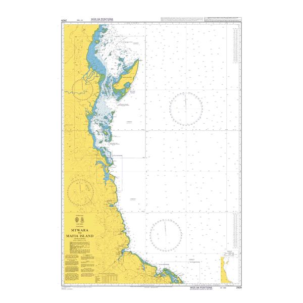 Product image of Admiralty Chart 2929 | Mtwara to Mafia Island, featuring navigational markings, depth soundings, and coastal features, essential for safe marine navigation. It could be displayed as an art piece or used for navigation on a boat or ship.