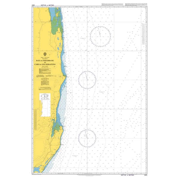 Product image of Admiralty Chart 2931 | Baia de Inhambane to Cabo de Sao Sebastiao, featuring navigational markings, depth soundings, and coastal features, essential for safe marine navigation. It could be displayed as an art piece or used for navigation on a boat or ship.