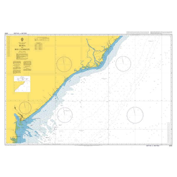 Product image of Admiralty Chart 2934 | Beira to Rio Zambeze, featuring navigational markings, depth soundings, and coastal features, essential for safe marine navigation. It could be displayed as an art piece or used for navigation on a boat or ship.