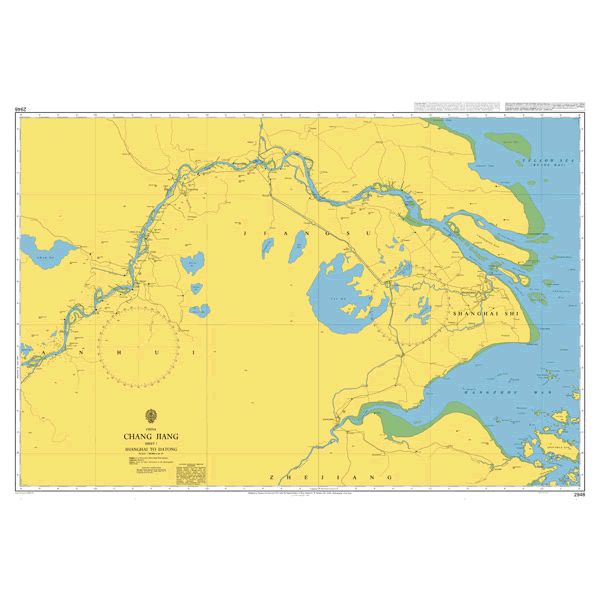 Product image of Admiralty Chart 2946 | Chang Jiang Sheet 1 Shanghai to Datong, featuring navigational markings, depth soundings, and coastal features, essential for safe marine navigation. It could be displayed as an art piece or used for navigation on a boat or ship.