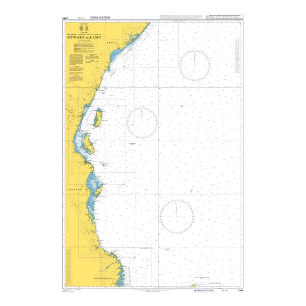 Product image of Admiralty Chart 2949 | Mtwara to Lamu, featuring navigational markings, depth soundings, and coastal features, essential for safe marine navigation. It could be displayed as an art piece or used for navigation on a boat or ship.