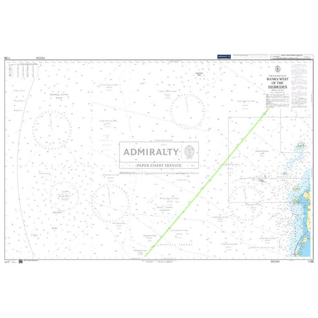 Admiralty Chart 1128 offers thorough coverage of waters west of the Hebrides, detailing depths, navigational risks, and coastal features. It includes compass roses, a green heading line, and an inset map for safe navigation. Marked "ADMIRALTY Standard Nautical Charts" at the center.